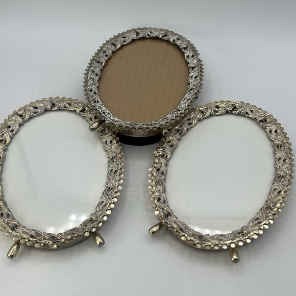 Set 3 Vtg Ornate Gold White Brass Photo Frames Footed 5x7 Filigree Hollywood MCM - Picture 5 of 8